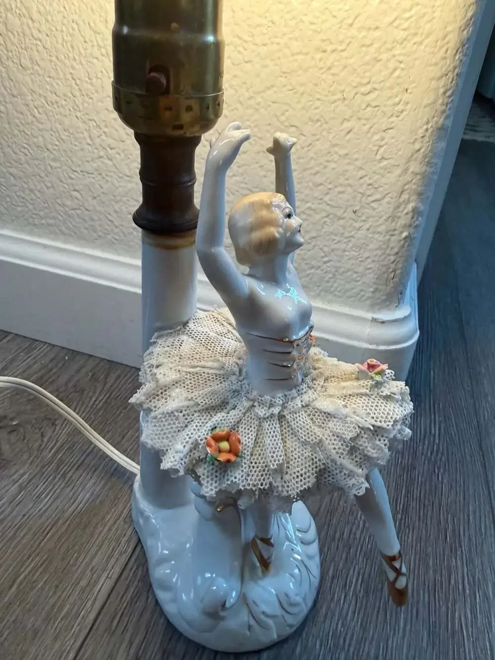 Vintage Dresden Style Porcelain Ballerina Figurine Table Lamp with Lace Tutu